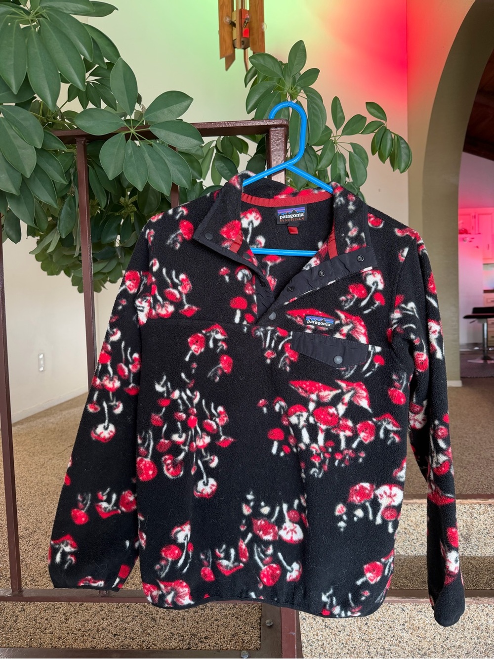 Rare Patagonia Black Fleece Pullover with Red Mushroom Print